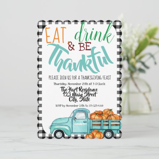 pompoenwagen Gingham Thanksgiving Uitnodigen Kaart (Staand voorkant)