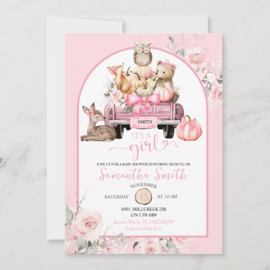 Pompoenwagen Woodland Animals Girl Baby shower Kaart (Voorkant)