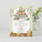 Pompoenwagen Woodland Animals Oh Boy Baby shower Kaart (Staand voorkant)