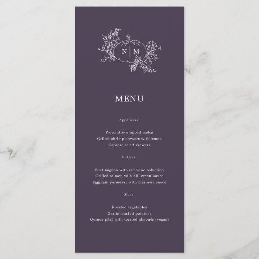 Pompoenwijnstokken donkere pruim Paarse Monogram b Menu (Voorkant)