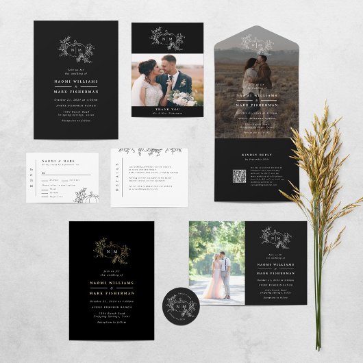 Pompoenwijnstokken Foto Bruiloft Monogram met RSVP All In One Uitnodiging