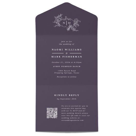 Pompoenwijnstokken Huwelijk Monogram met RSVP All In One Uitnodiging