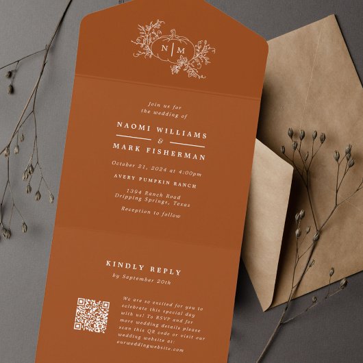 Pompoenwijnstokken Huwelijk Monogram met RSVP All In One Uitnodiging