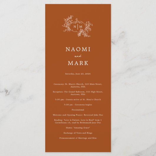 Pompoenwijnstokken Trouwprogramma Programmakaart (Voorkant)