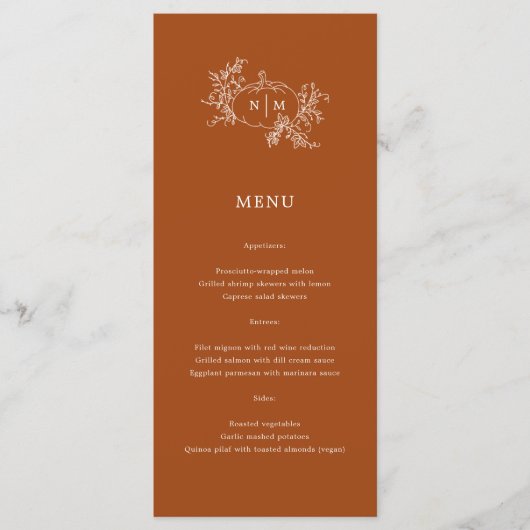 Pompoenwijnstokken Zwart Monogram Bruiloft Menu (Voorkant)