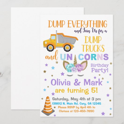 Pompwagens en eenhoornzussen, uitnodiging. kaart (Voorkant / Achterkant)