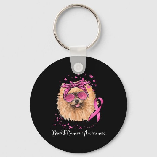 Pomsky-Hondenliefhebber roze lint borstkanker Sleutelhanger (Voorkant)