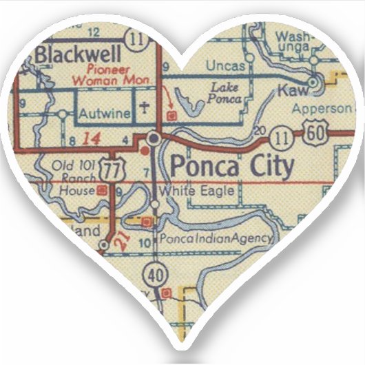 Ponca City OK Retro Map Sticker (Voorkant)