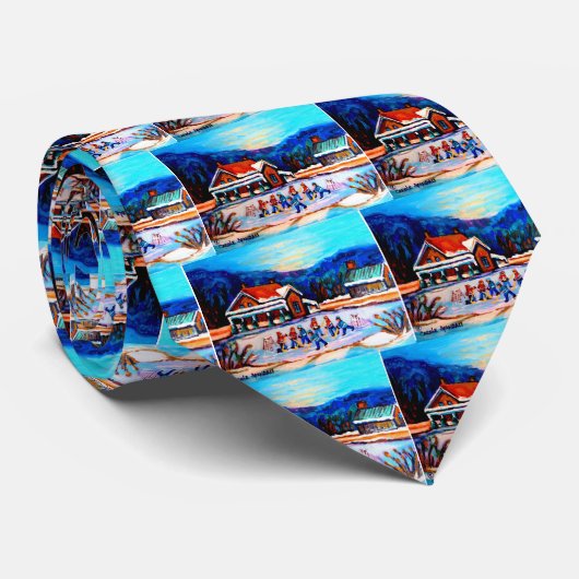 Pond Hockey met huizen 9X12 Stropdas (Opgerold)