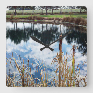 Pond Landscape Natuur Fotografie Vierkante Klok