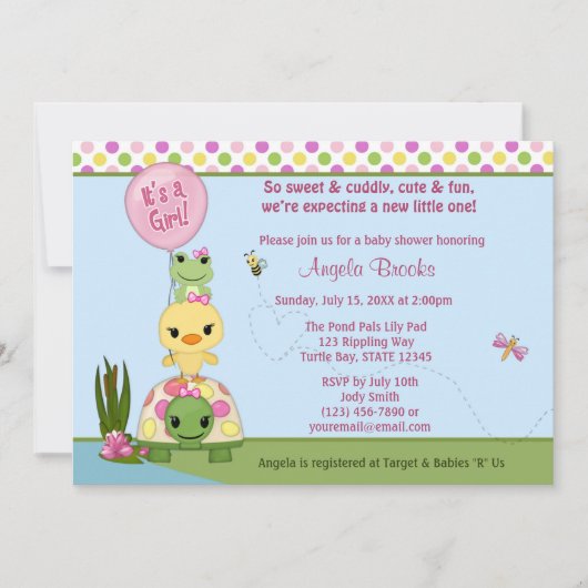 Pond Pals Baby shower Invitation Duck Frog GIRLS Kaart (Voorkant)