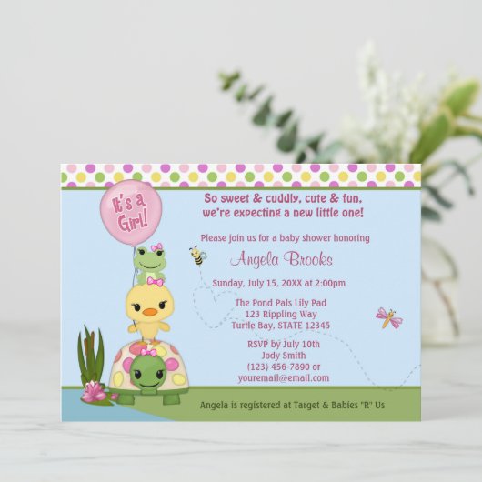 Pond Pals Baby shower Invitation Duck Frog GIRLS Kaart (Staand voorkant)
