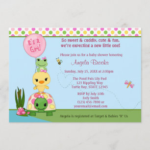 Pond Pals Baby shower Invitation Duck Frog GIRLS Kaart