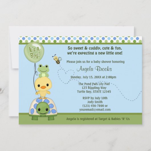 Pond Pals Duck Baby shower Invitation Frog Turtle Kaart (Voorkant)