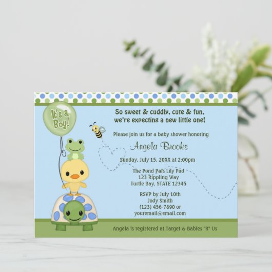 Pond Pals Duck Baby shower Invitation Frog Turtle Kaart (Staand voorkant)