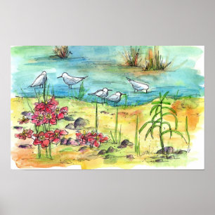 Pond vogels Waterverf Natuur schilderen kunst Poster