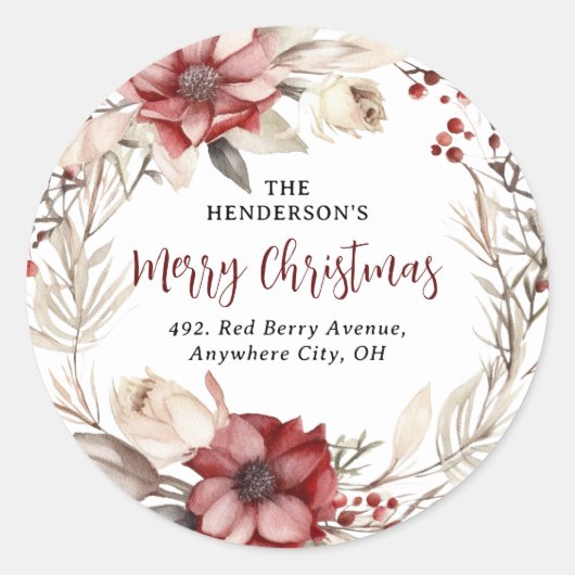 Ponsietta Kerstkrans Retouradres Ronde Sticker (Voorkant)