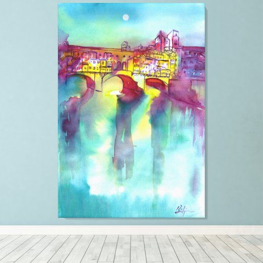 PONTE VECCHIO Florence door Waterverf 's nachts Canvas Afdruk (Insitu (Houten vloer))
