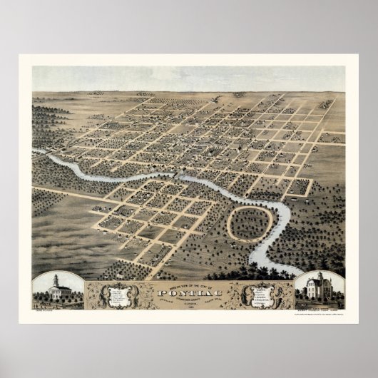Pontiac, IL Panoramiek Map - 1869 Poster (Voorkant)