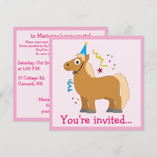 Pony Birthday Party Kaart (Voorkant / Achterkant)