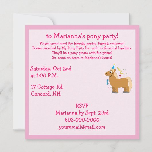 Pony Birthday Party Kaart (Achterkant)