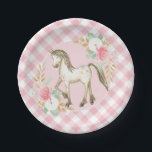 Pony bloemen en plaid verjaardagsfeest borden papieren bordje<br><div class="desc">pony verjaardagsfeest borden met roze plaid en bloemen</div>