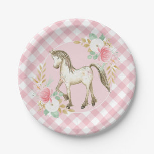 Pony bloemen- en ruitjes verjaardagsfeest borden papieren bordje