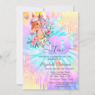 Pony Bloemen Glitter Drips Tie Dye 10e Verjaardag  Kaart