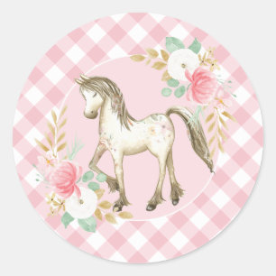 Pony bloemige en geruite verjaardagsfeeststickers ronde sticker