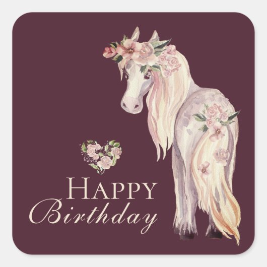  Pony en Bloemen Paard Happy Birthday Vierkante Sticker (Voorkant)