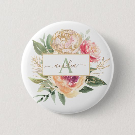 Pony en Gold Foil Bloom Monogram Name Badge Ronde Button 5,7 Cm (Voorkant)