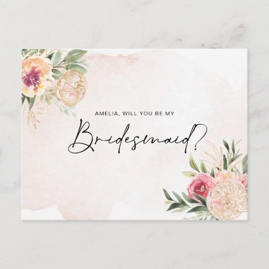 Pony en Gold Foil Blooms Bridesmaid Post Card Briefkaart (Voorkant)
