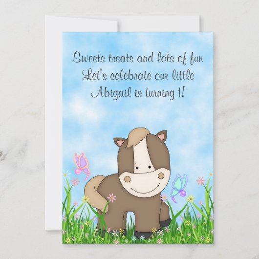 Pony en Vlinders Paard 1e Verjaardag Uitnodiging (Voorkant)