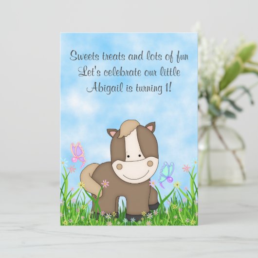 Pony en Vlinders Paard 1e Verjaardag Uitnodiging (Staand voorkant)