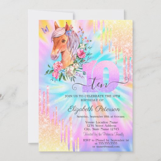 Pony Floral Glitter Drips Tie Dye 10e verjaardag Kaart (Voorkant)