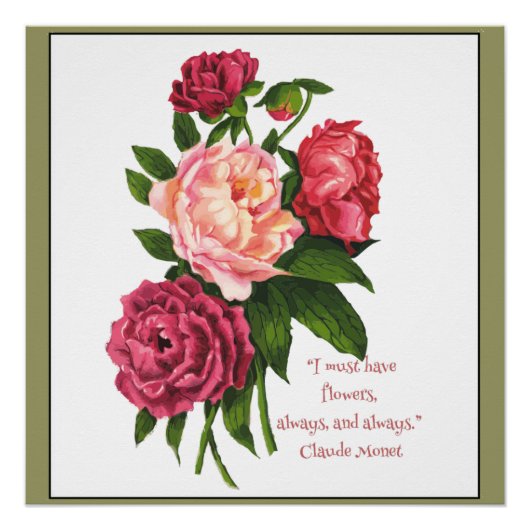 pony Flower Monet Quote in Red, roze Poster (Voorkant)