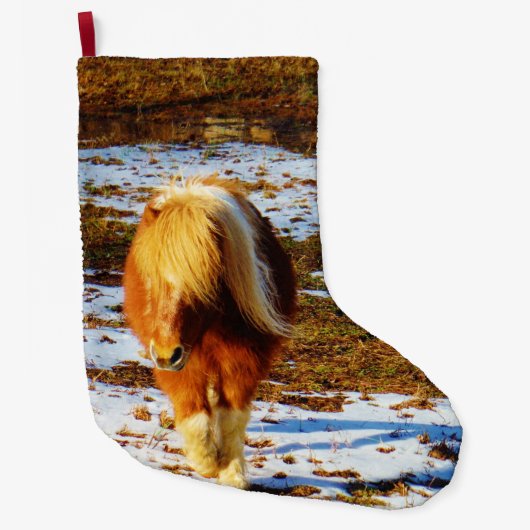 Pony in de sneeuw grote kerstsok (Voorkant)