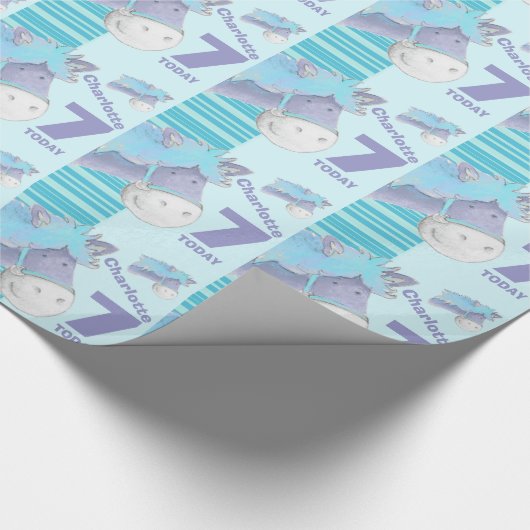 Pony kinder 7e verjaardag blauwe streep omloop cadeaupapier (Hoek)