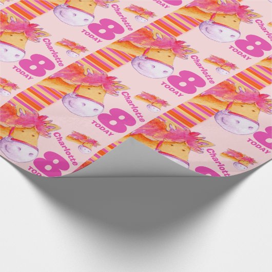 Pony kinder 8e verjaardag stripe wrapping cadeaupapier (Hoek)