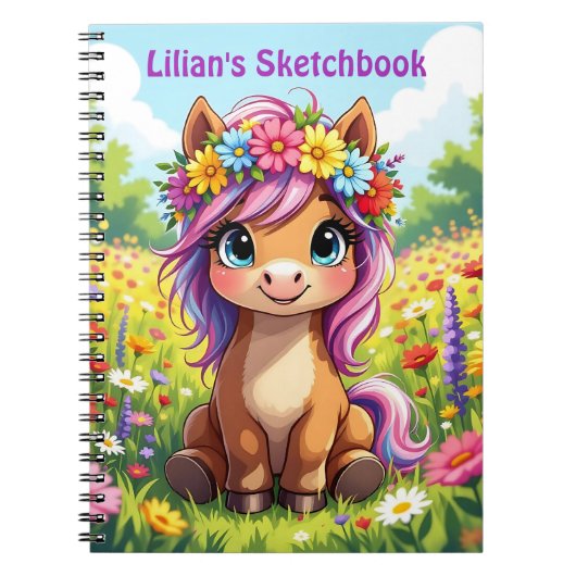  Pony met bloemen gepersonaliseerd Notitieboek (Voorkant)