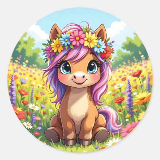 Pony met bloemen Ronde Sticker (Voorkant)