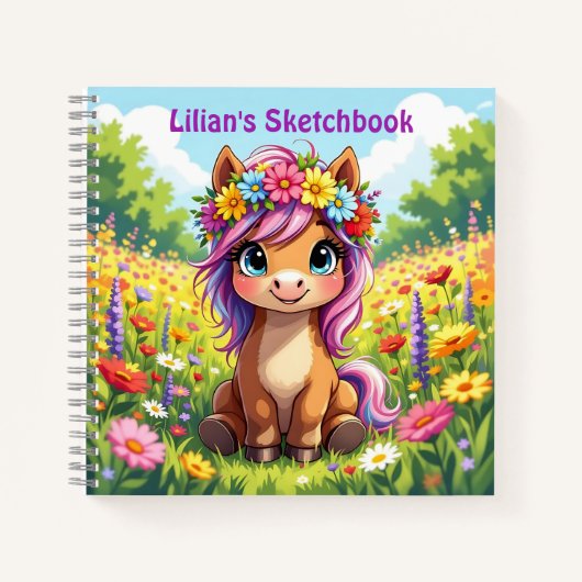  Pony met bloemen schetsboek Notitieboek (Voorkant)