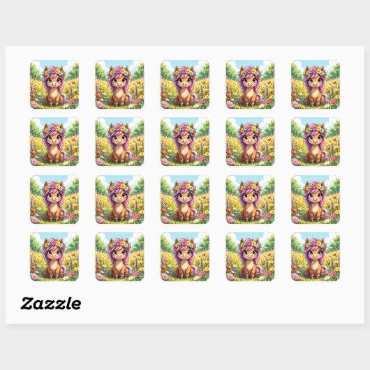 Pony met bloemen Vierkante Sticker (Vel)