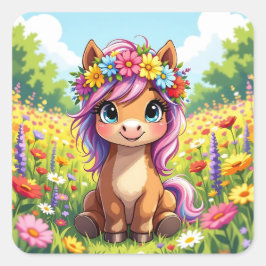  Pony met bloemen Vierkante Sticker