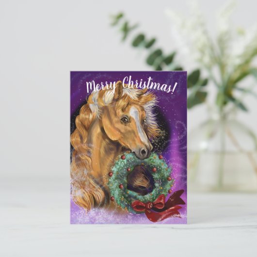 Pony met kerst Wreath Briefkaart (Staand voorkant)