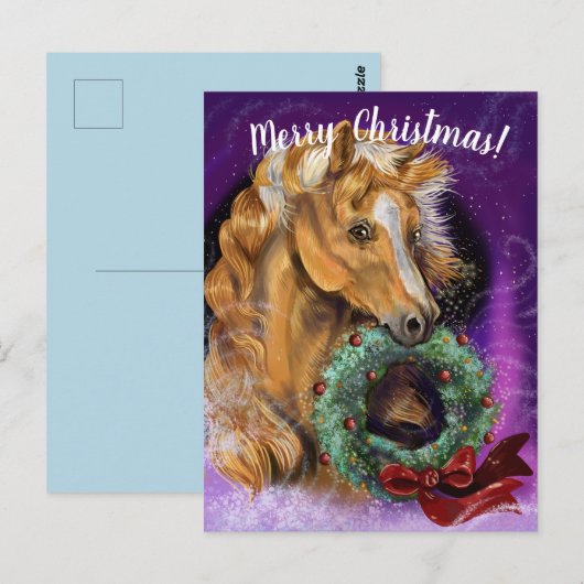 Pony met kerst Wreath Briefkaart (Voorkant / Achterkant)