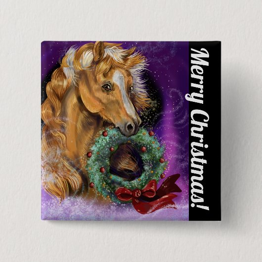 Pony met kerst Wreath Vierkante Button 5,1 Cm (Voorkant)