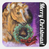 Pony met kerst Wreath Vierkante Sticker (Voorkant)