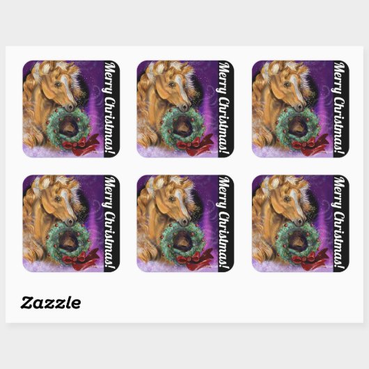 Pony met kerst Wreath Vierkante Sticker (Vel)