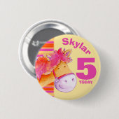 Pony paard 5e verjaardag roze gele knoop ronde button 5,7 cm (Voorkant /achterkant)